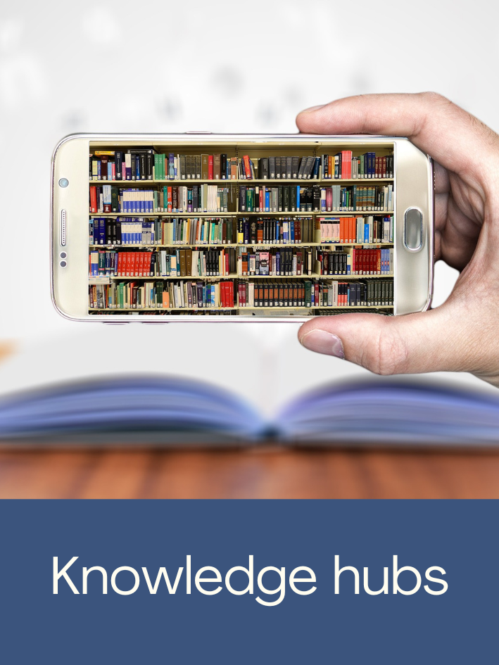 Picture of books on a mobile phone. Click to open the Knowledge Hubs webpage.